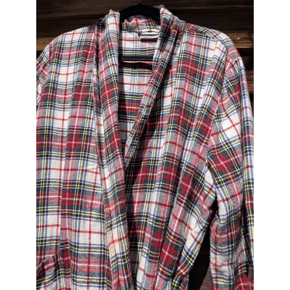 LL Bean Flannel Robe L Natural Red Scotch Plaid Tartan Cabincore Cottage Holiday